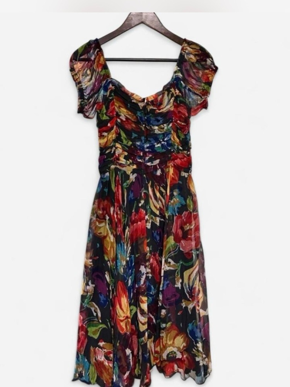 Floral Sheer Silk Overlay Midi Dress with Ruched Bodice Women’s Size S - Picture 1 of 7